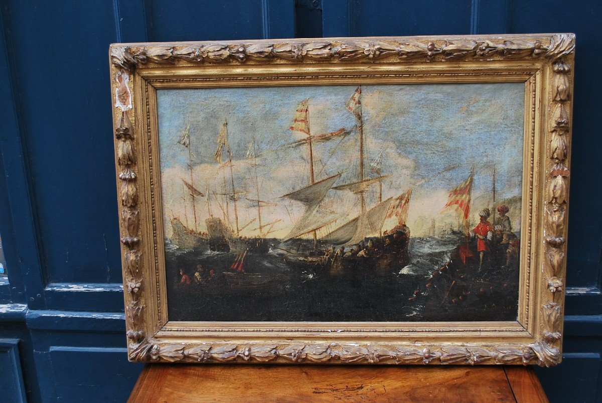 Naval Combat, Oil On Canvas Italian School Early 18th Century-photo-3