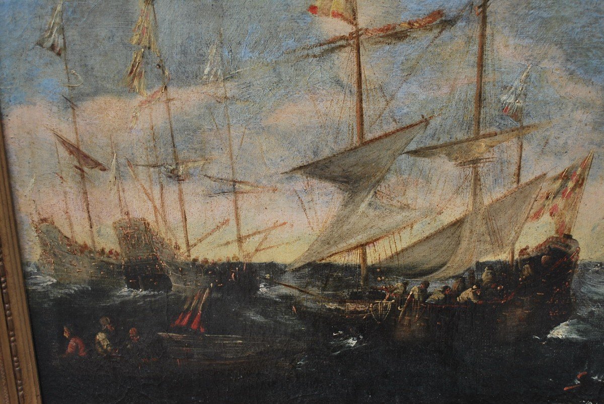 Naval Combat, Oil On Canvas Italian School Early 18th Century-photo-1