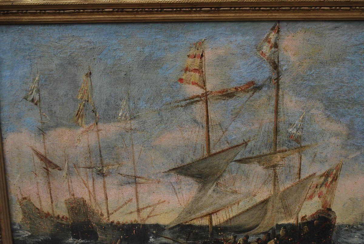 Naval Combat, Oil On Canvas Italian School Early 18th Century-photo-2