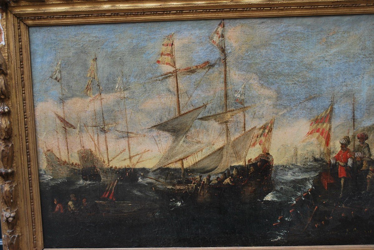 Naval Combat, Oil On Canvas Italian School Early 18th Century-photo-4