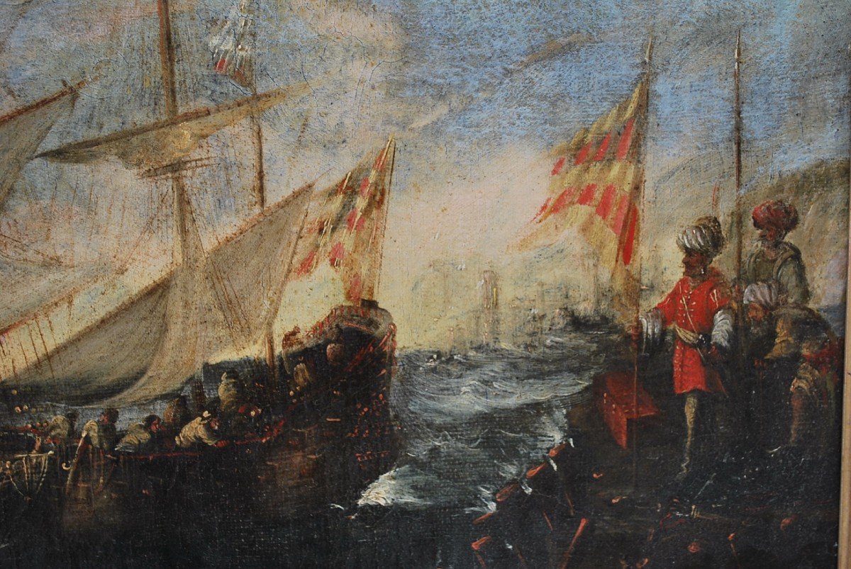 Naval Combat, Oil On Canvas Italian School Early 18th Century-photo-5