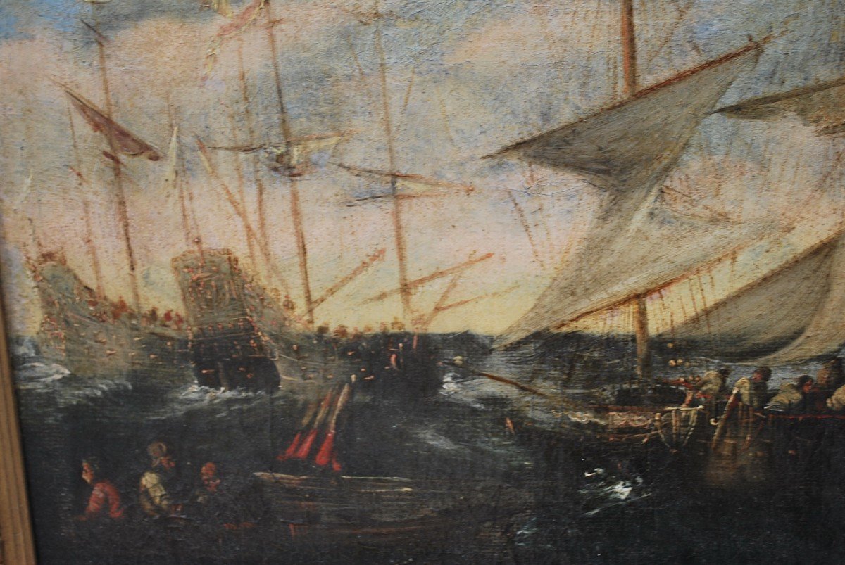 Naval Combat, Oil On Canvas Italian School Early 18th Century-photo-6
