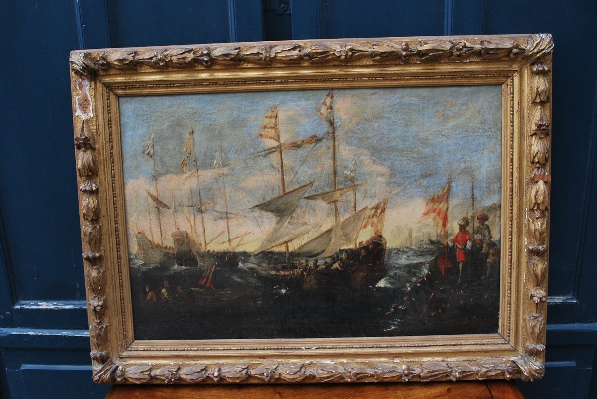 Naval Combat, Oil On Canvas Italian School Early 18th Century
