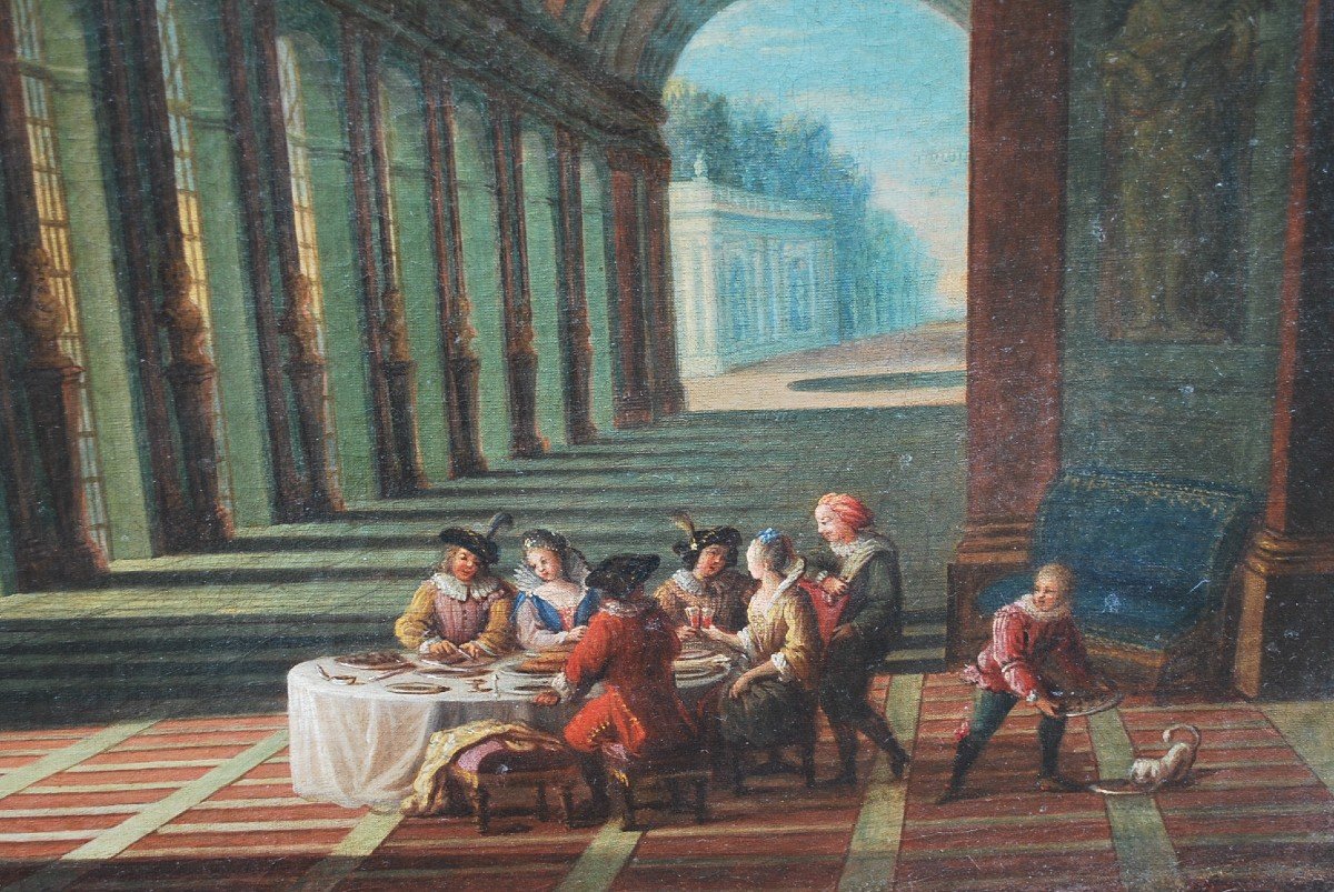 Ecole Française XVIII , Vue Fantastique De Colonnades   De Palais Avec Personnages-photo-2