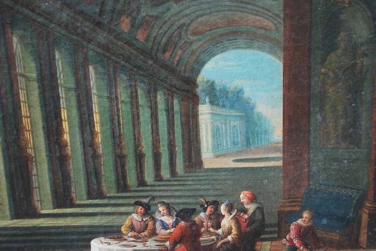 Ecole Française XVIII , Vue Fantastique De Colonnades   De Palais Avec Personnages-photo-3