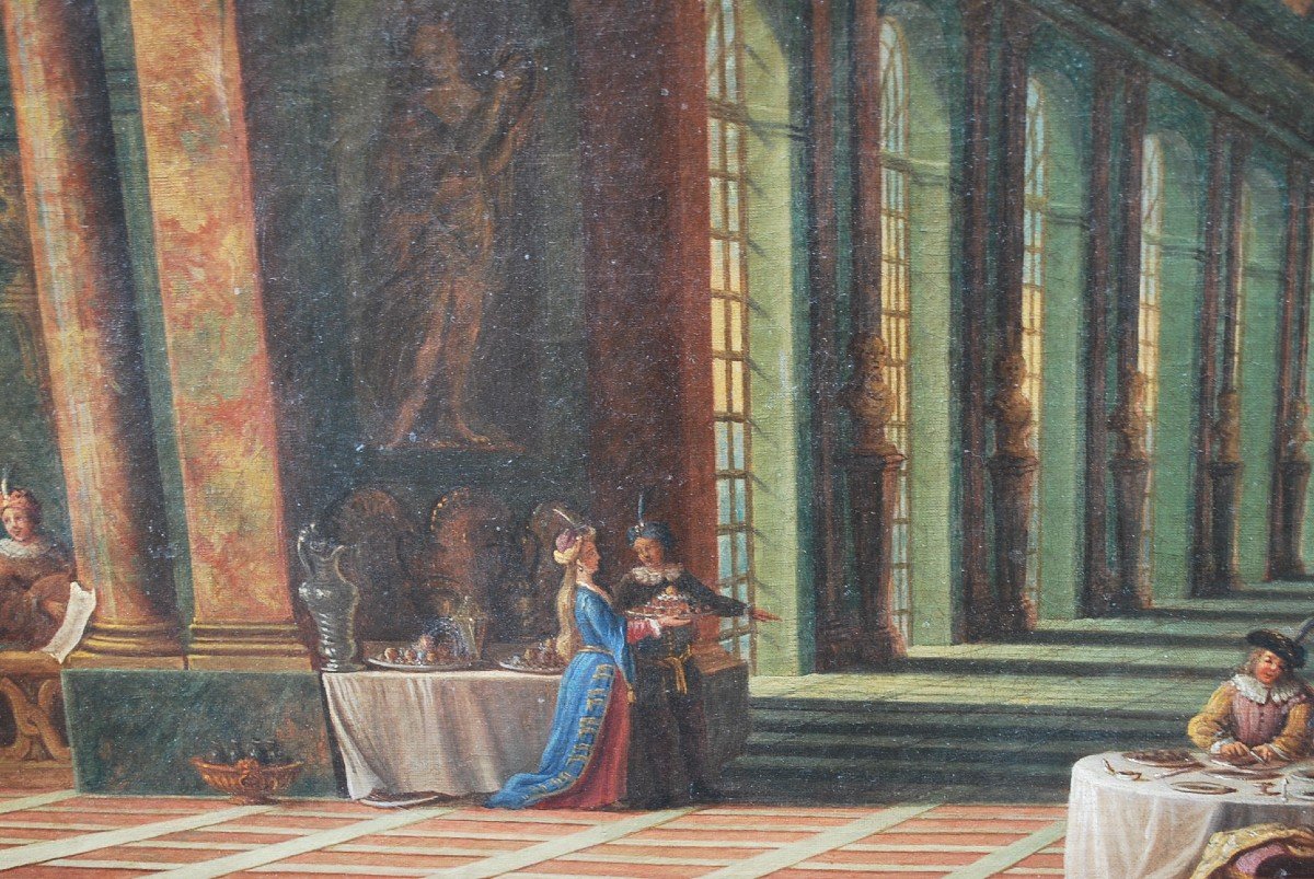 Ecole Française XVIII , Vue Fantastique De Colonnades   De Palais Avec Personnages-photo-1