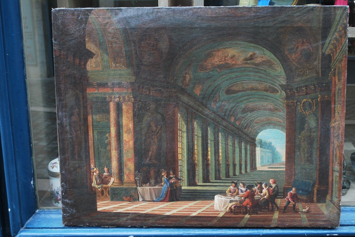 Ecole Française XVIII , Vue Fantastique De Colonnades   De Palais Avec Personnages-photo-3
