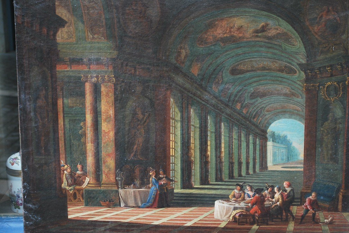 Ecole Française XVIII , Vue Fantastique De Colonnades   De Palais Avec Personnages-photo-4
