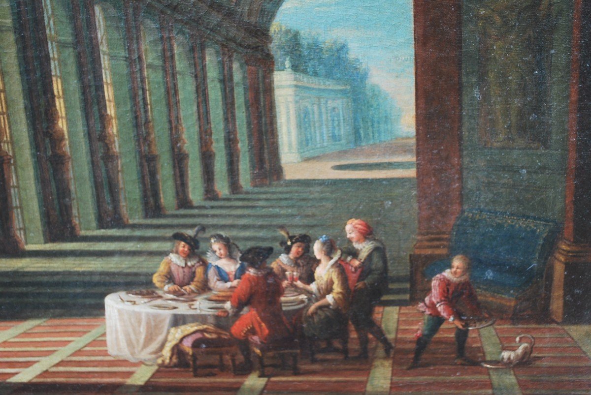 Ecole Française XVIII , Vue Fantastique De Colonnades   De Palais Avec Personnages-photo-7