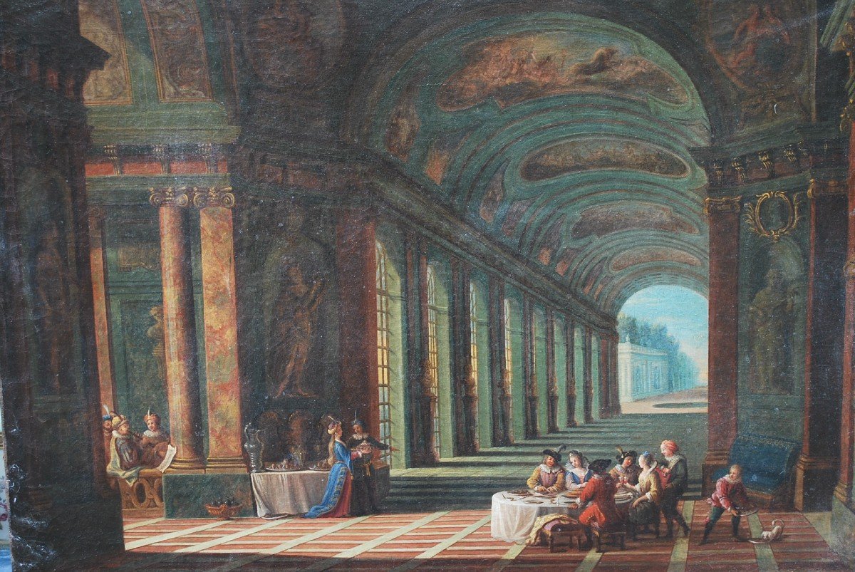 Ecole Française XVIII , Vue Fantastique De Colonnades   De Palais Avec Personnages