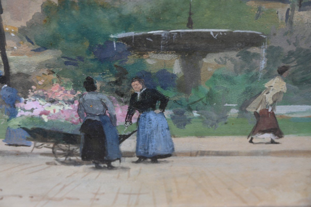 The Flower Sellers Gouache, Signed By V Gilbert-photo-1