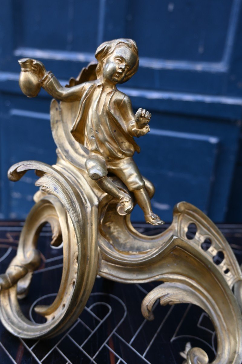 Paire De Chenets En Bronze Doré D époque Louis XV-photo-2