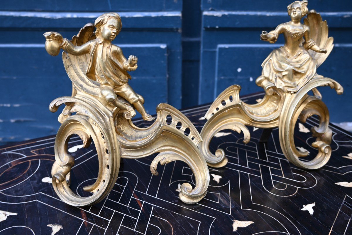 Paire De Chenets En Bronze Doré D époque Louis XV