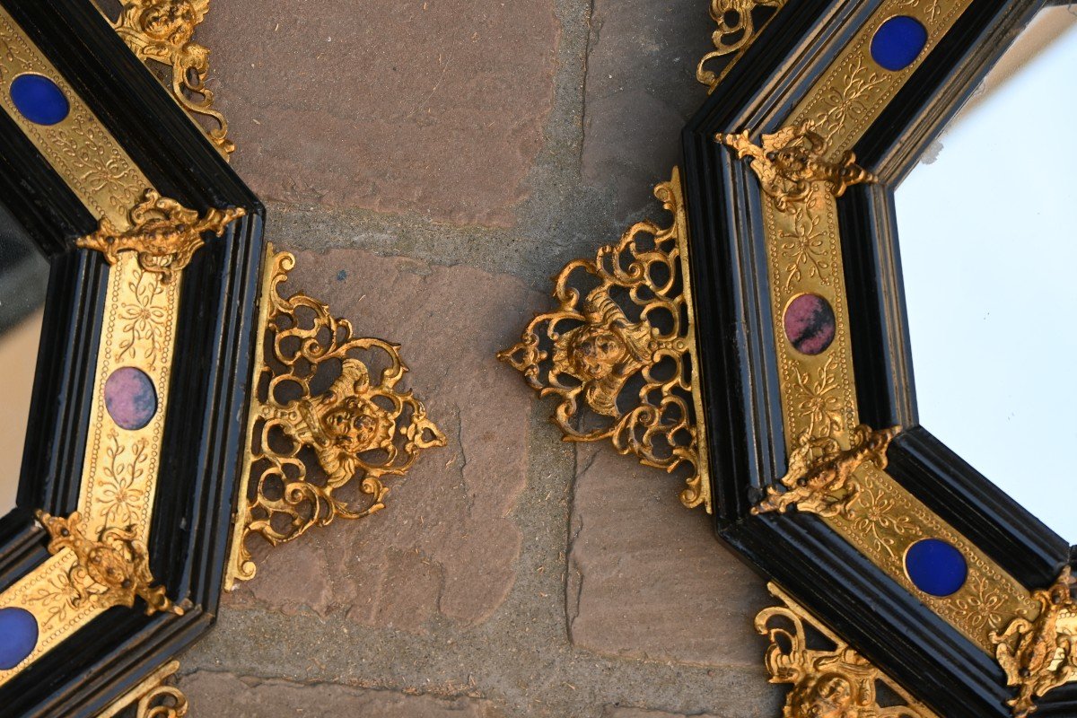 Pair Of Mirrors With Cut Sides In Black Wood, Hard Stones And Bronze Italy-photo-3