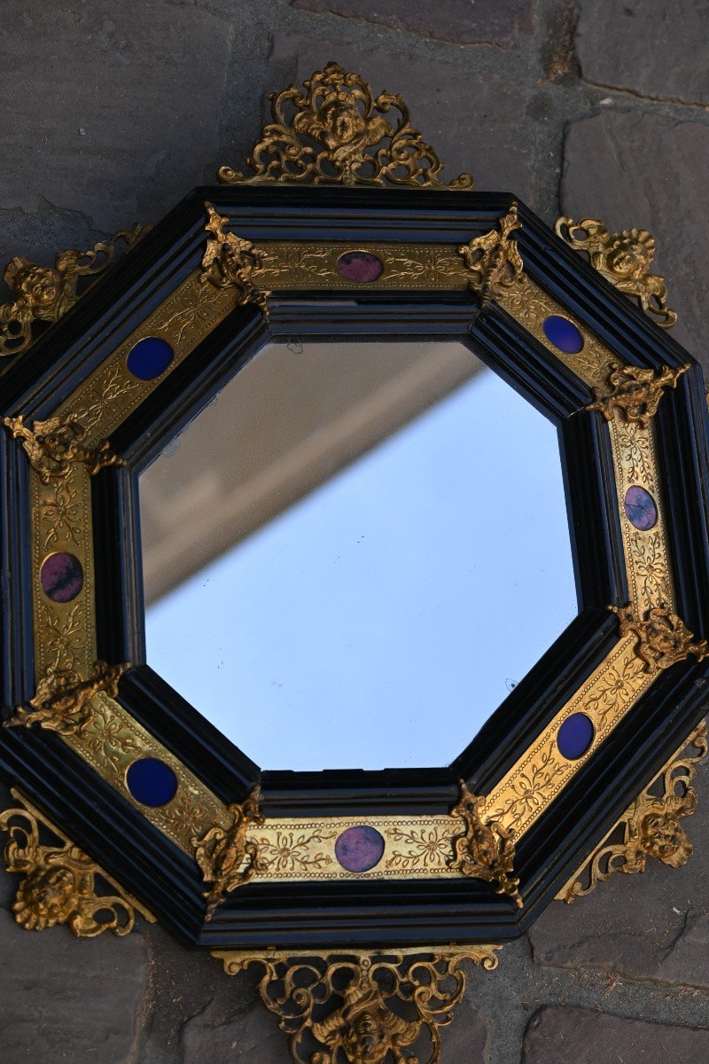 Pair Of Mirrors With Cut Sides In Black Wood, Hard Stones And Bronze Italy-photo-4