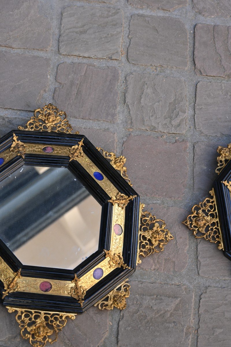 Pair Of Mirrors With Cut Sides In Black Wood, Hard Stones And Bronze Italy-photo-1