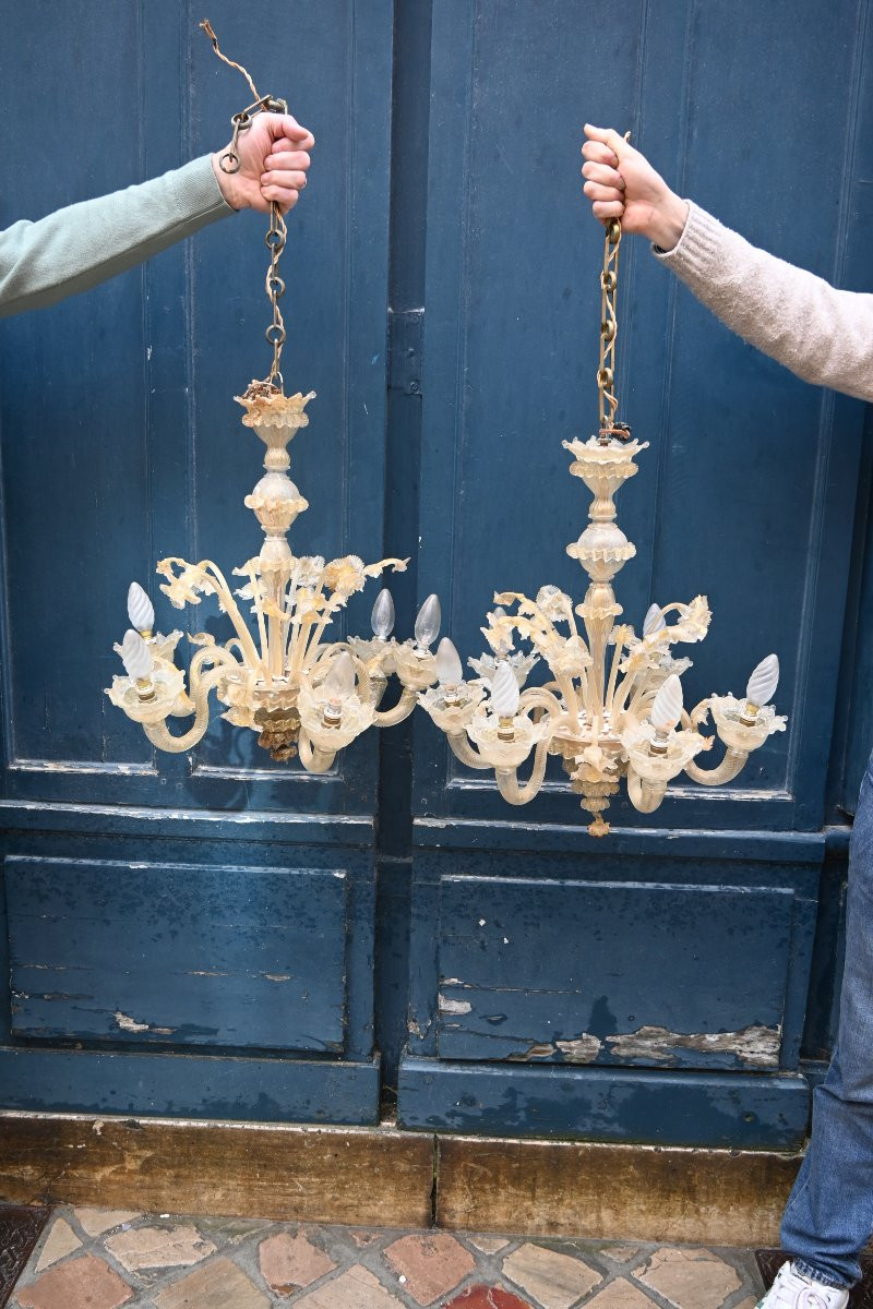 Paire De Petits Lustres En Verre De Murano-photo-4