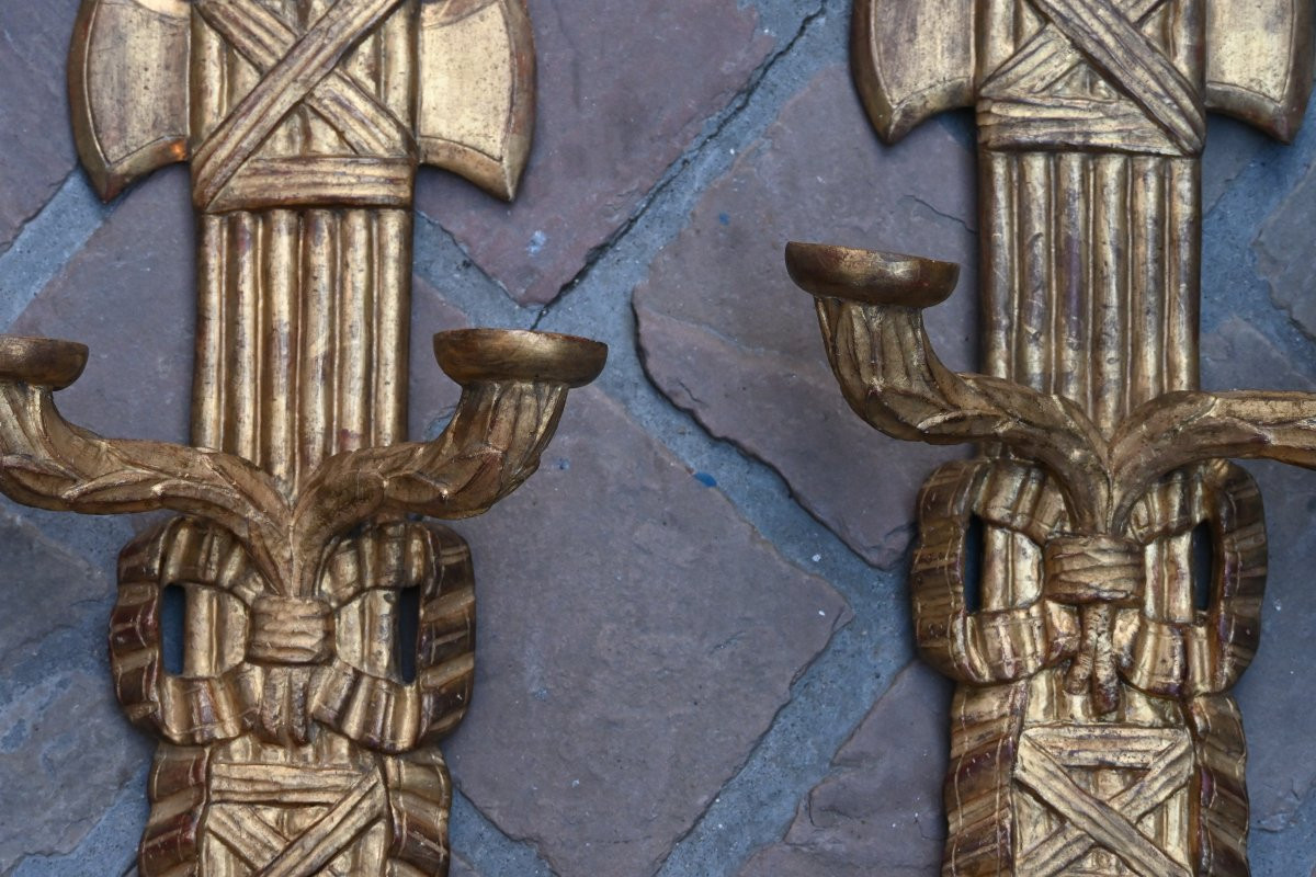 Rare Paire D Appliques D époque Révolutionnaire En Bois Doré XVIII-photo-2