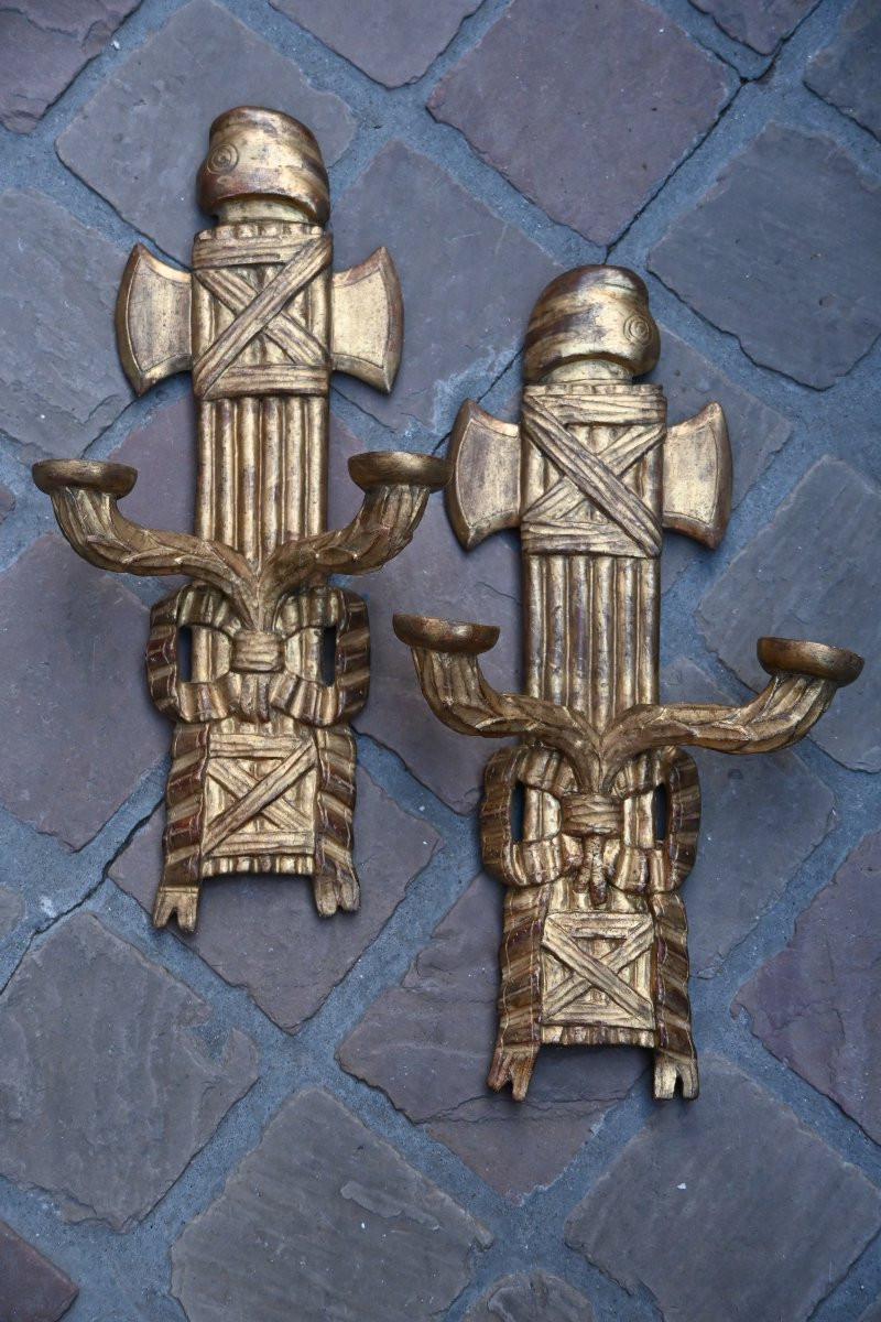 Rare Paire D Appliques D époque Révolutionnaire En Bois Doré XVIII-photo-4