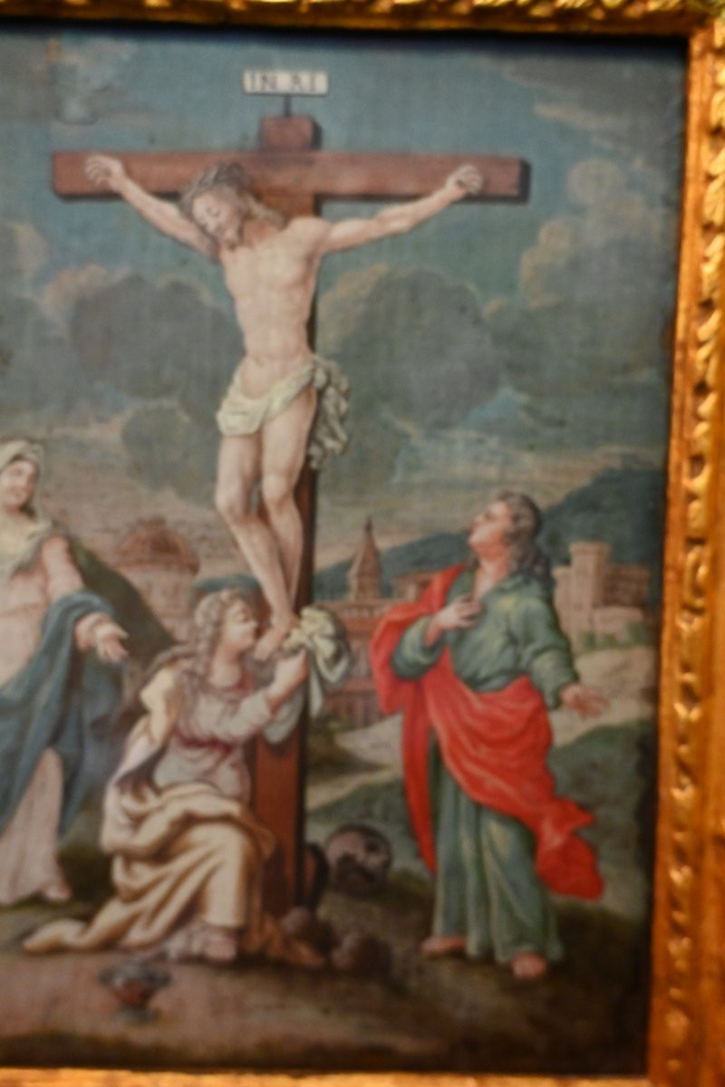 Gouache Early 18th Century Virgin, Saint John And Mary Magdalene At The Foot Of The Cross-photo-4