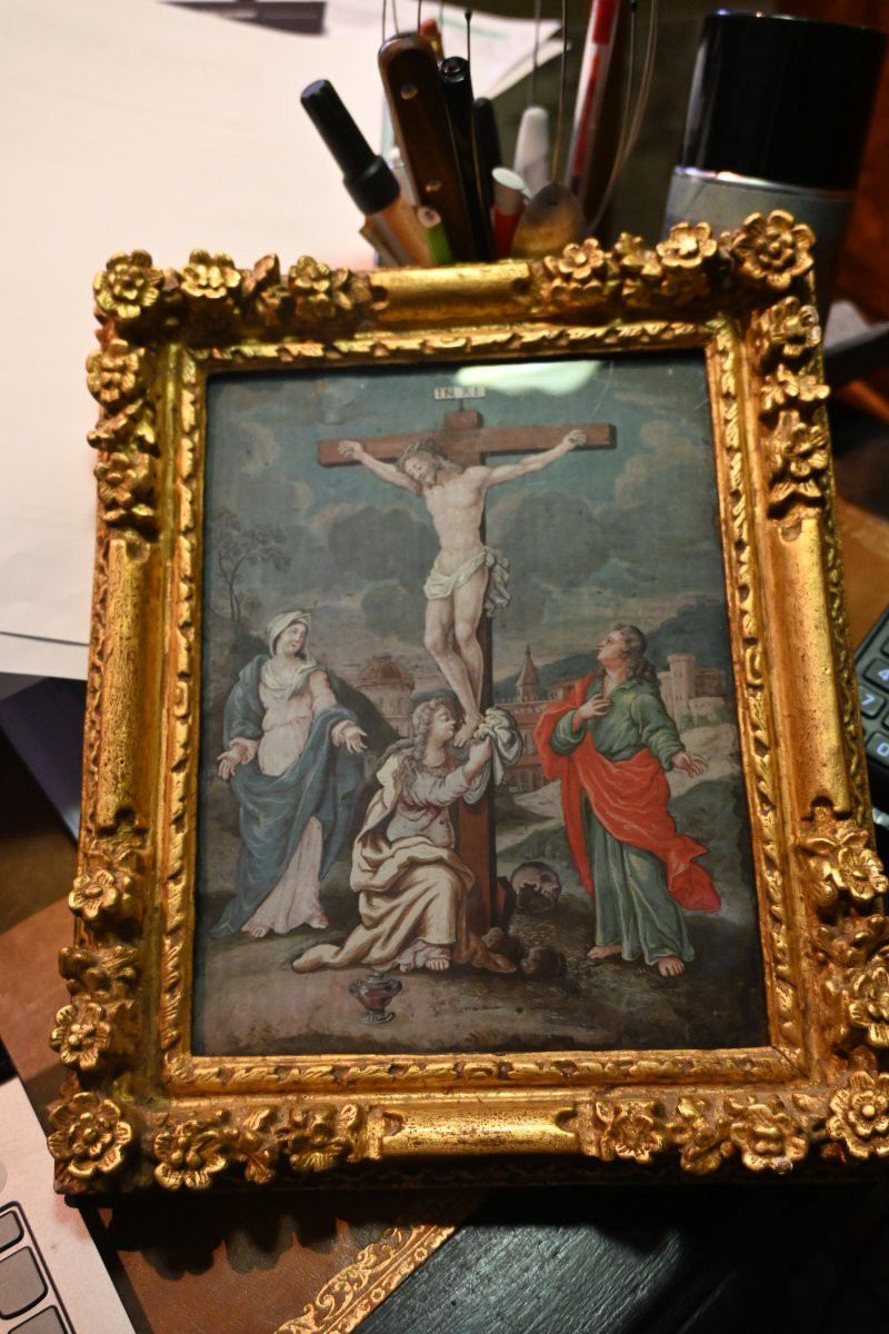 Gouache Early 18th Century Virgin, Saint John And Mary Magdalene At The Foot Of The Cross-photo-7