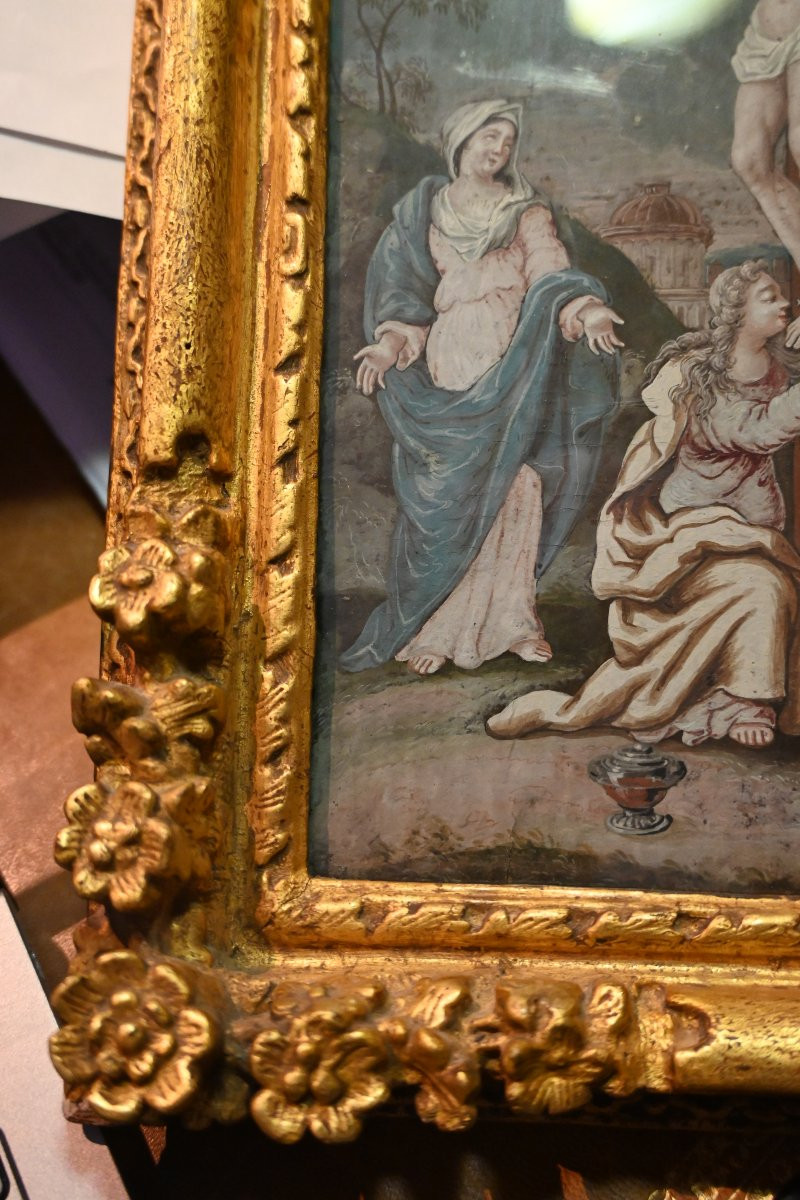 Gouache Early 18th Century Virgin, Saint John And Mary Magdalene At The Foot Of The Cross-photo-8