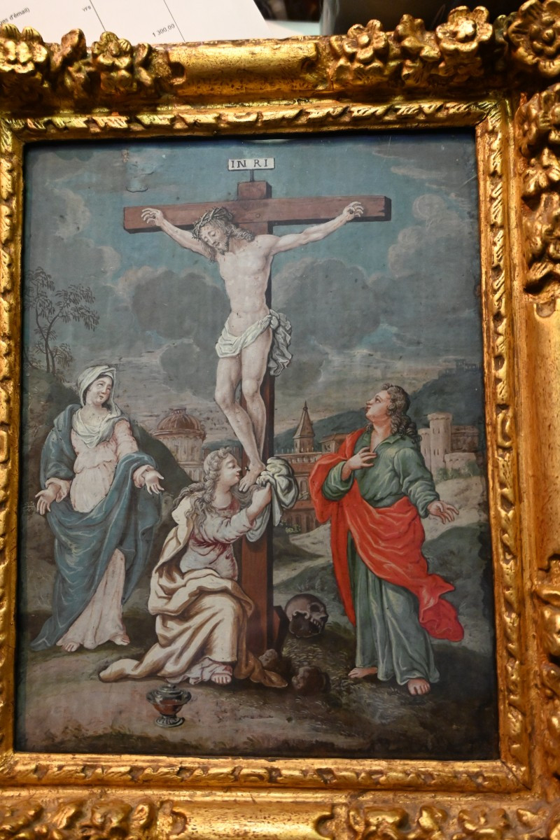 Gouache Early 18th Century Virgin, Saint John And Mary Magdalene At The Foot Of The Cross