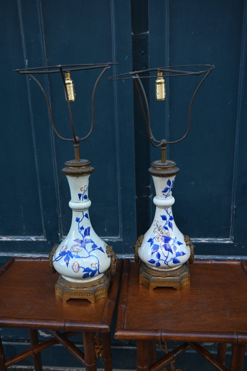 Paire De Lampes , Maison Gagneauen Faience à Décor Japonisant , Napoléon III-photo-1