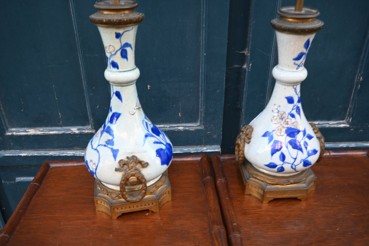 Paire De Lampes , Maison Gagneauen Faience à Décor Japonisant , Napoléon III-photo-3