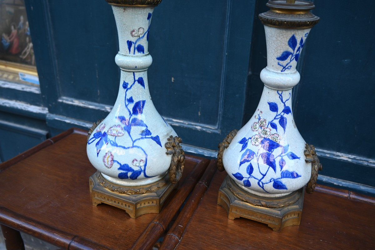 Paire De Lampes , Maison Gagneauen Faience à Décor Japonisant , Napoléon III