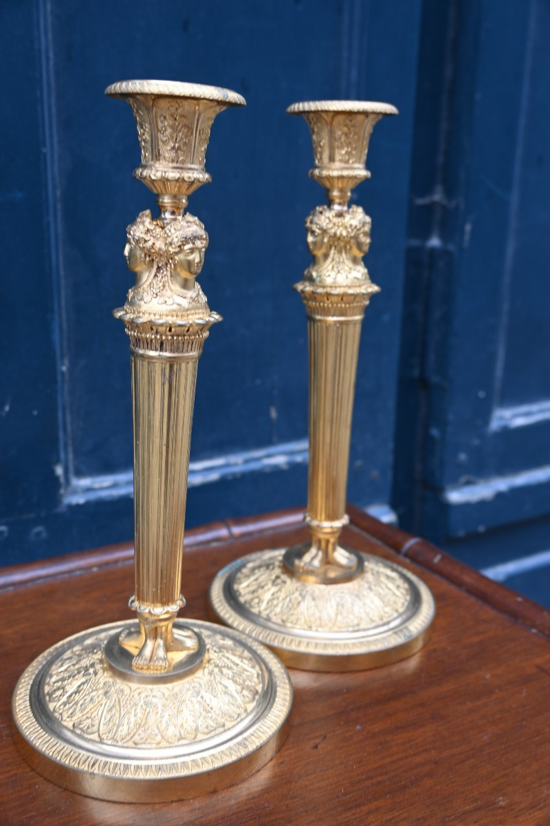 Pair Of Bronze Candlesticks With Women's Heads From The Empire Period, Attributed To Galle