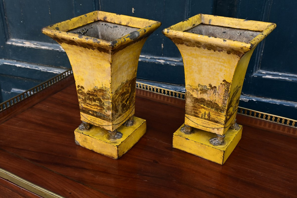 Paire de jardinières en tôle à décor de vues d Italie  , époque Empire-photo-3