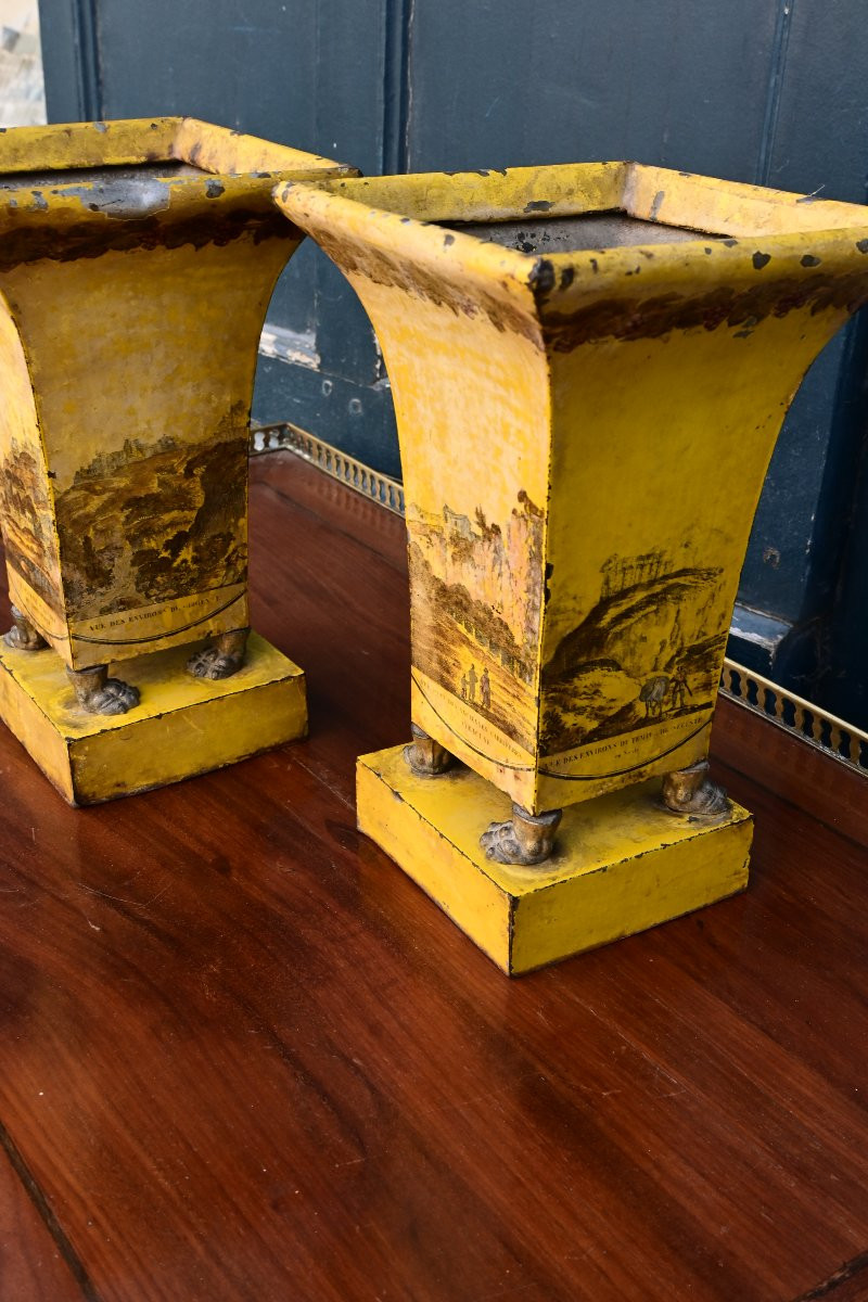 Paire de jardinières en tôle à décor de vues d Italie  , époque Empire-photo-4