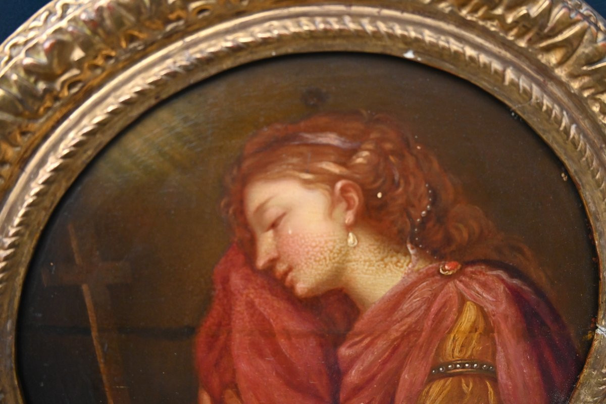 Marie madeleine ,  huile sur bois tondo , style XVIII-photo-4