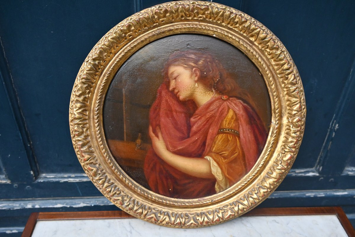 Marie madeleine ,  huile sur bois tondo , style XVIII-photo-4