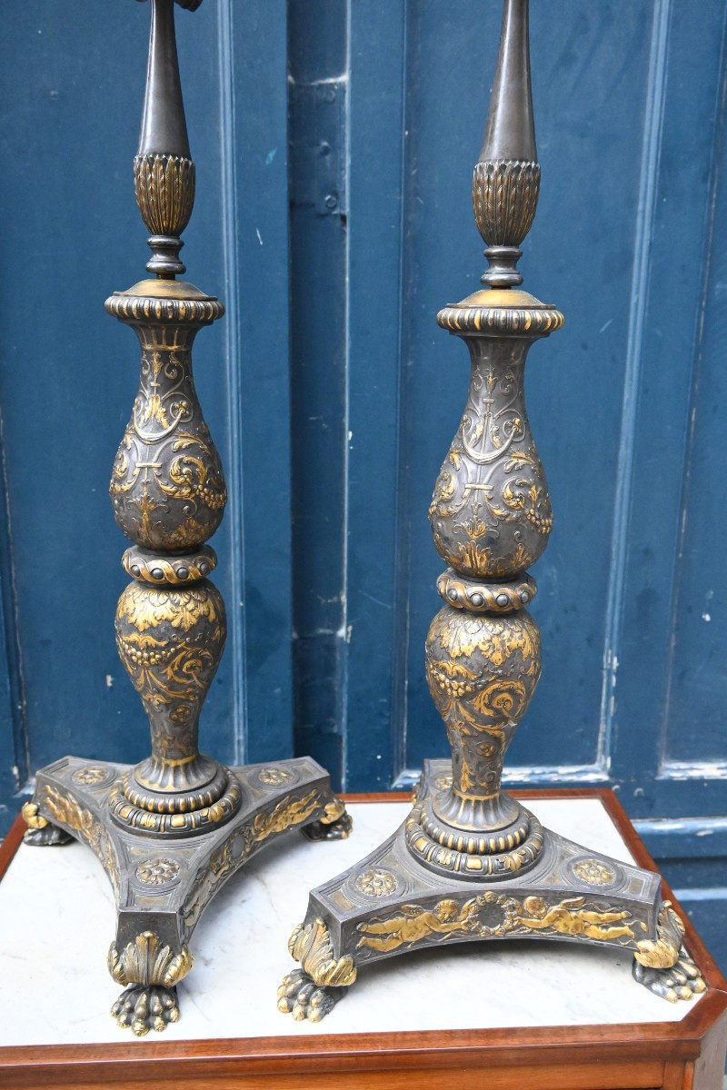 Pair Of Large Bronze Lamps In The 19th Century Renaissance Style