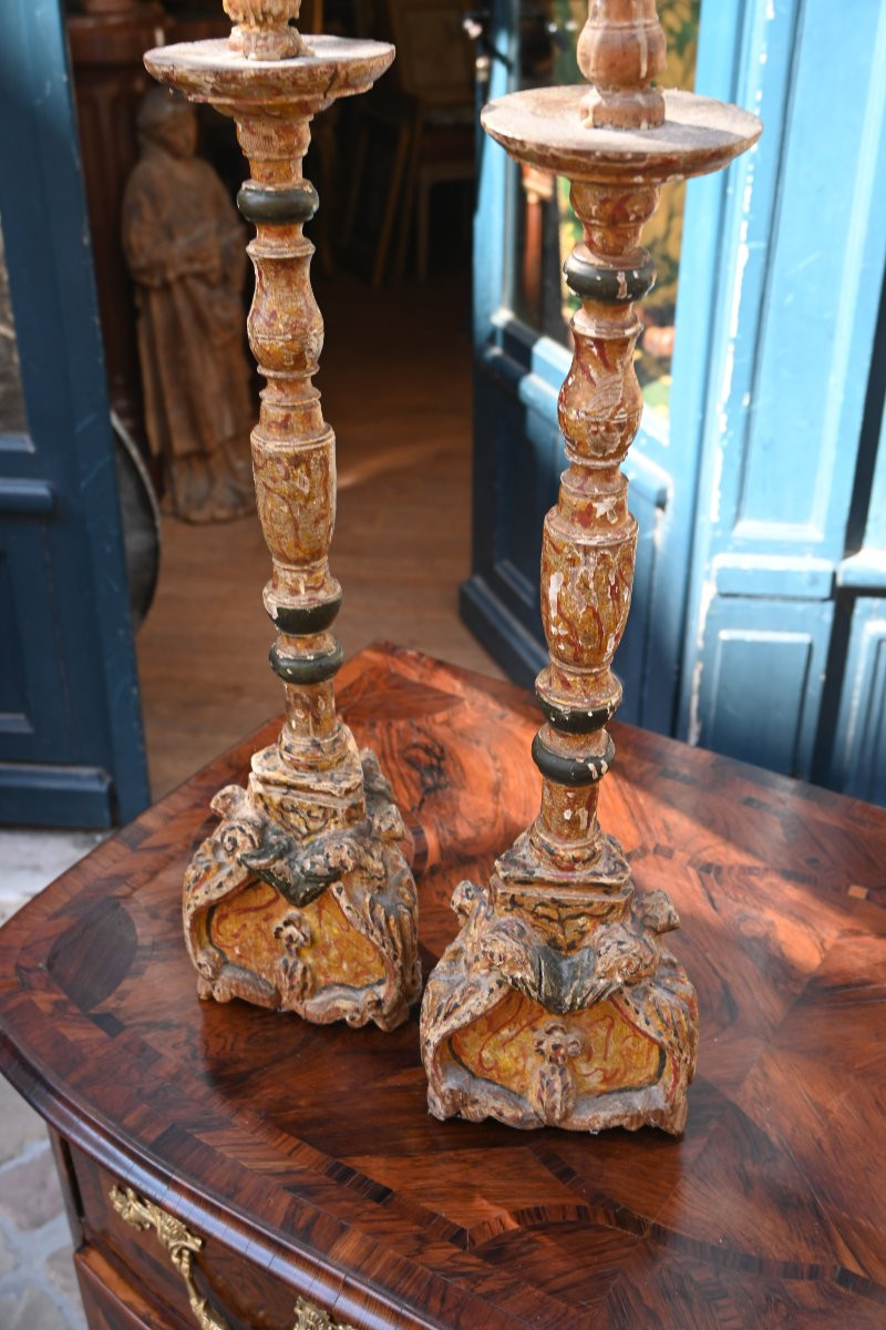 Pair Of Baroque Candlesticks In Painted Wood 18th Century-photo-3