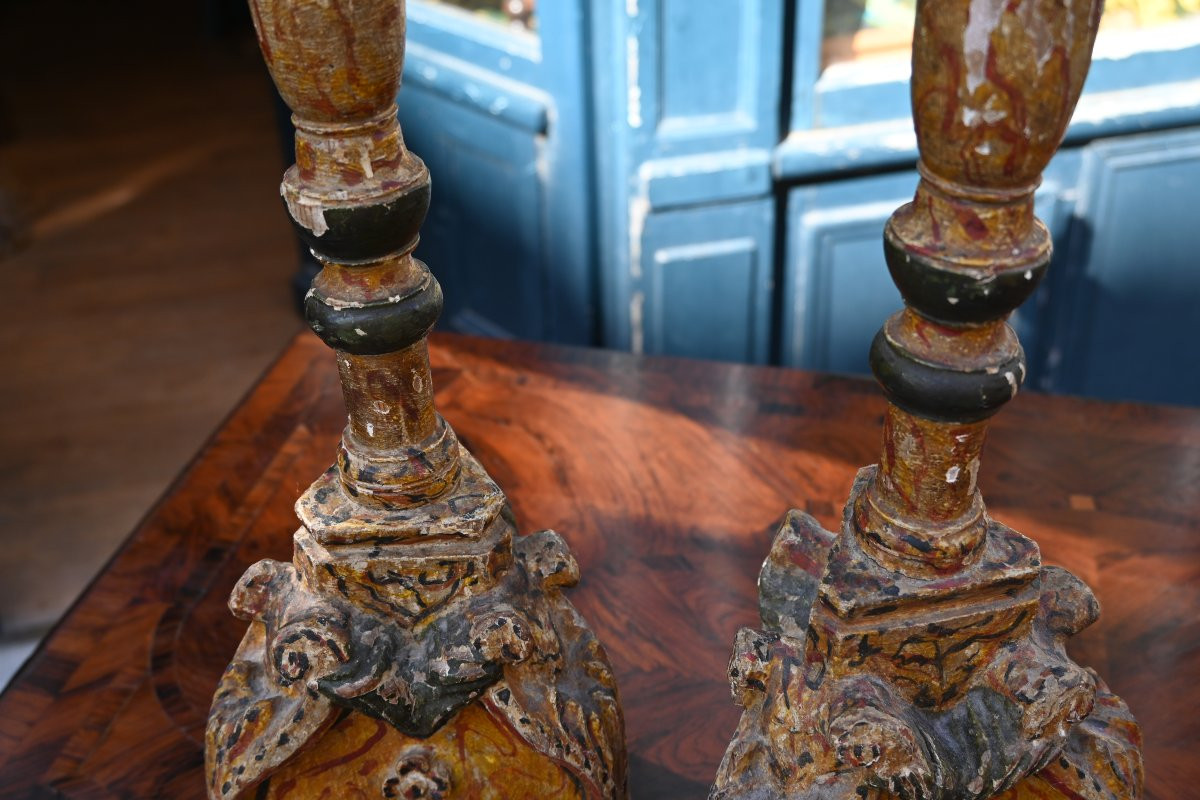 Pair Of Baroque Candlesticks In Painted Wood 18th Century-photo-1
