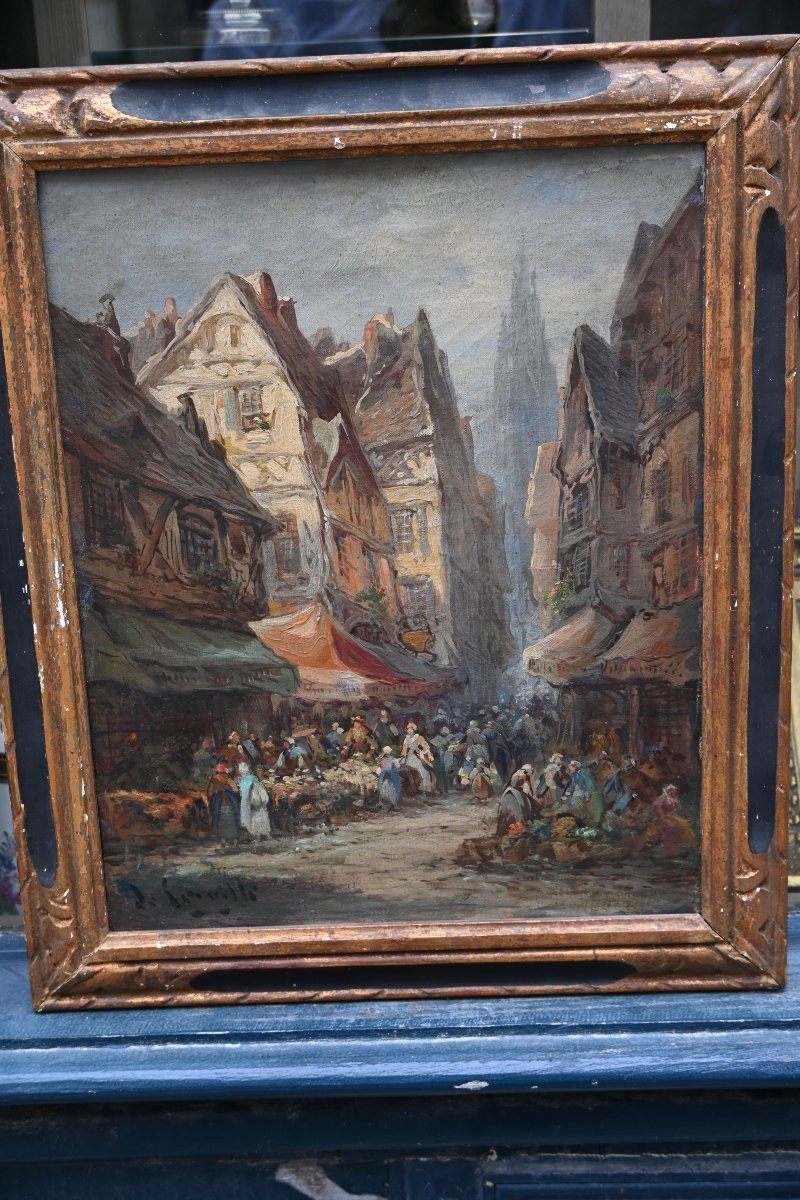 Scène  de marché à Caen , toile fin XIX-photo-2