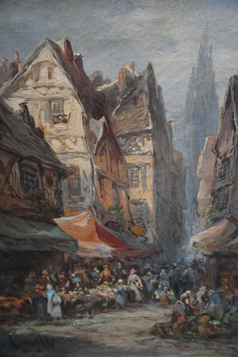 Scène  de marché à Caen , toile fin XIX-photo-3