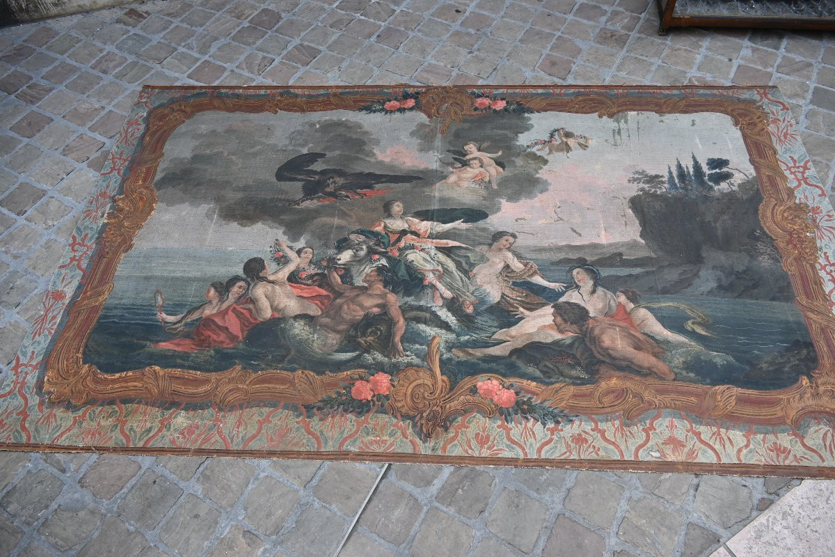 Large Painted Canvas, Abduction Of Europe, 18th Century-photo-2