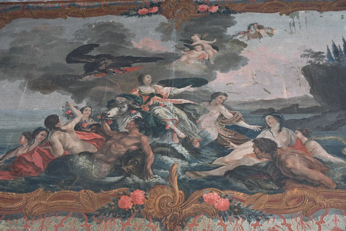 Large Painted Canvas, Abduction Of Europe, 18th Century-photo-4