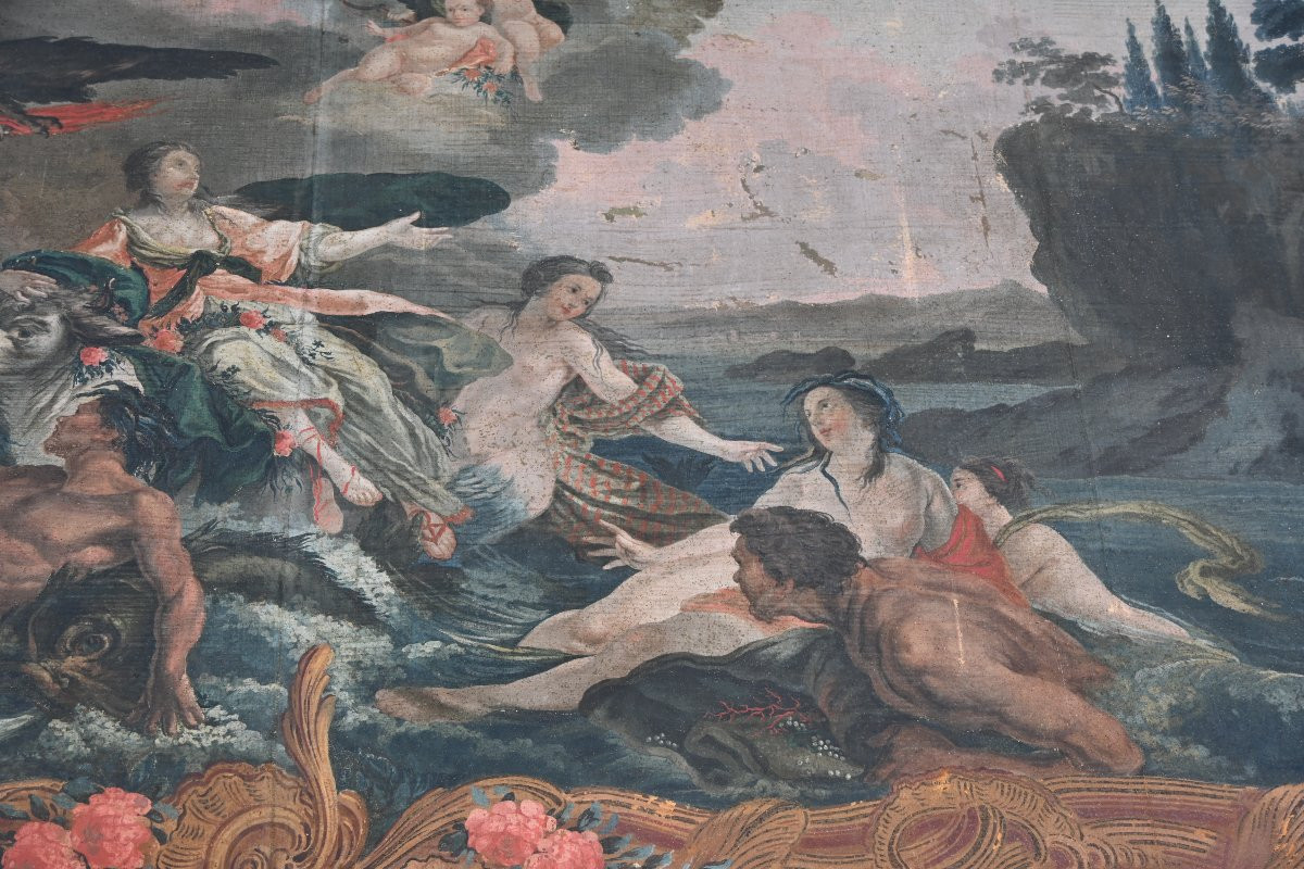 Large Painted Canvas, Abduction Of Europe, 18th Century-photo-2