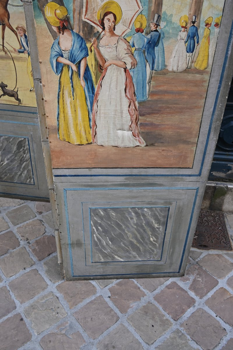 Paravent en toile peinte d époque XIX , -photo-2