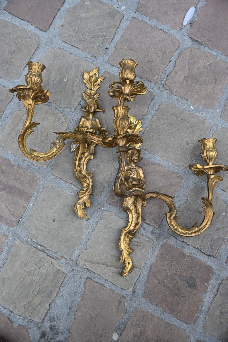 Pair Of Bronze Sconces, Louis XV Style Chinese-photo-2