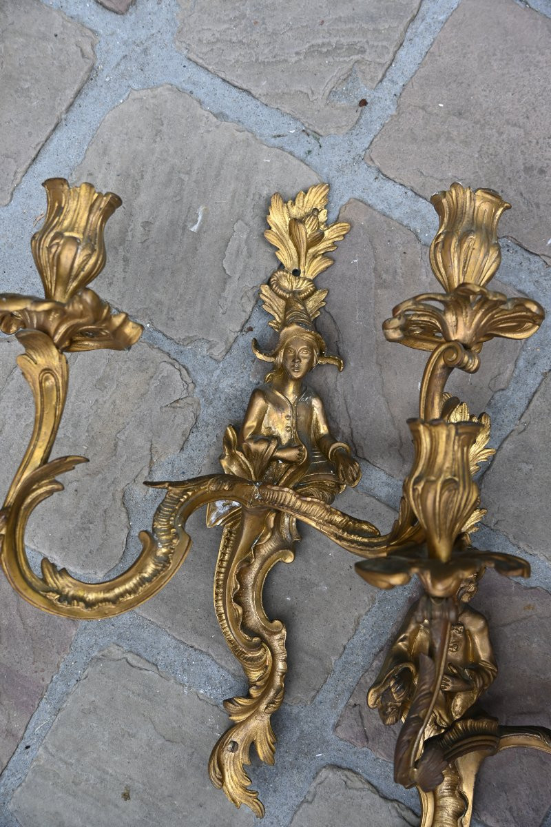 Pair Of Bronze Sconces, Louis XV Style Chinese-photo-4