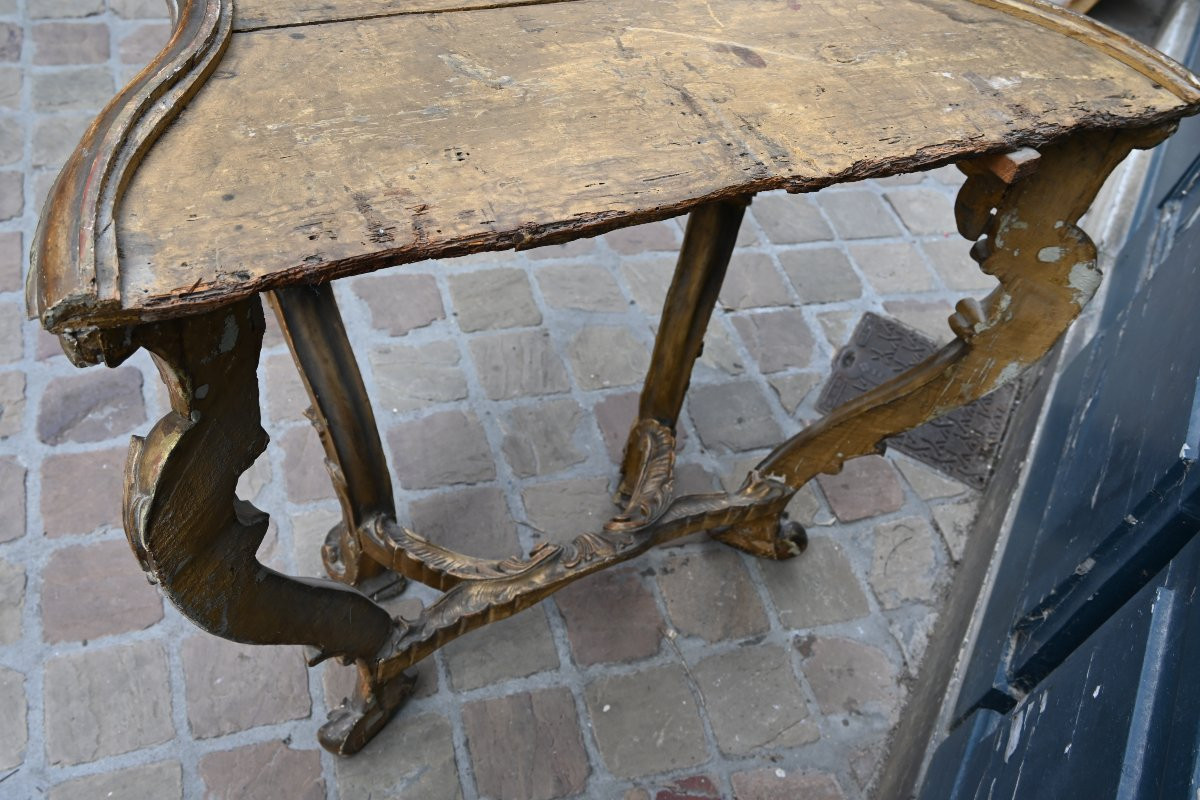 Gilded Wooden Console, With Four Legs, Italy From The 18th Century-photo-2