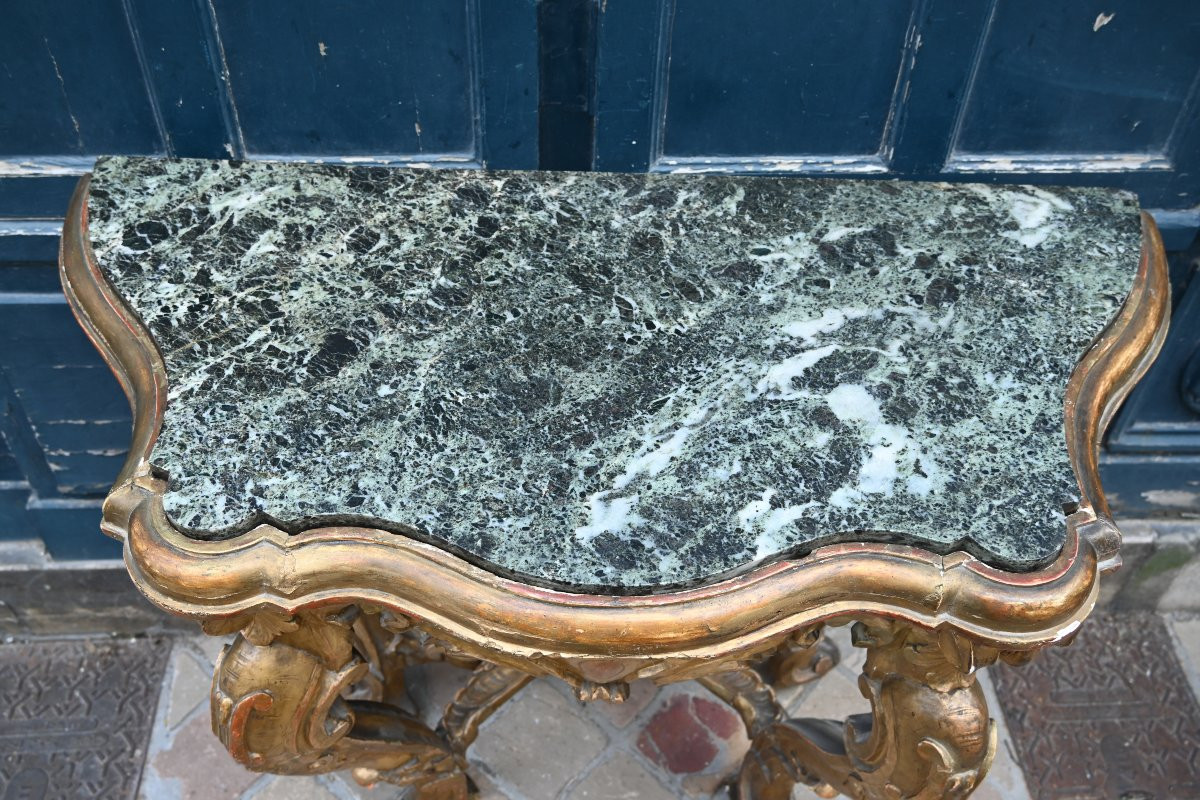 Gilded Wooden Console, With Four Legs, Italy From The 18th Century-photo-5