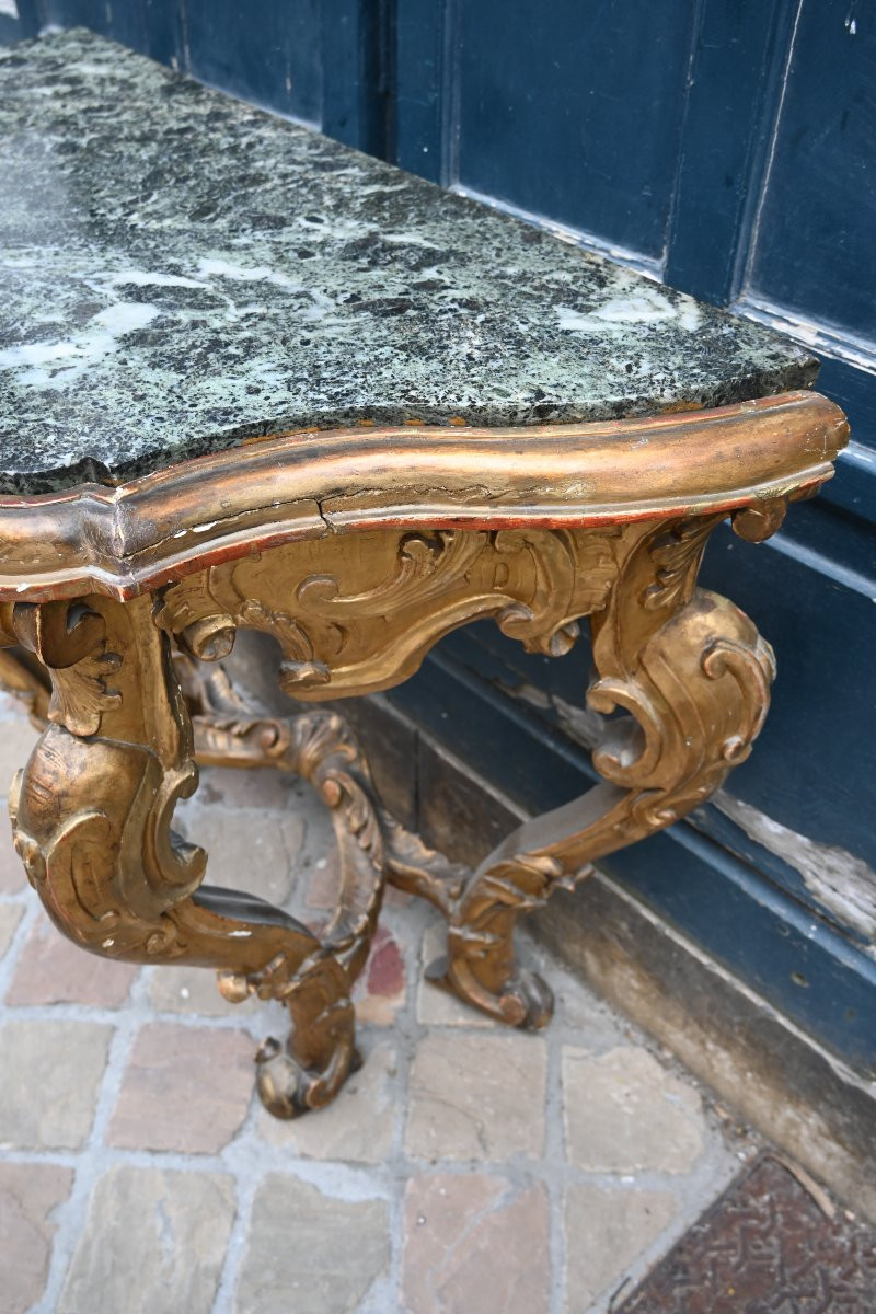 Gilded Wooden Console, With Four Legs, Italy From The 18th Century-photo-7
