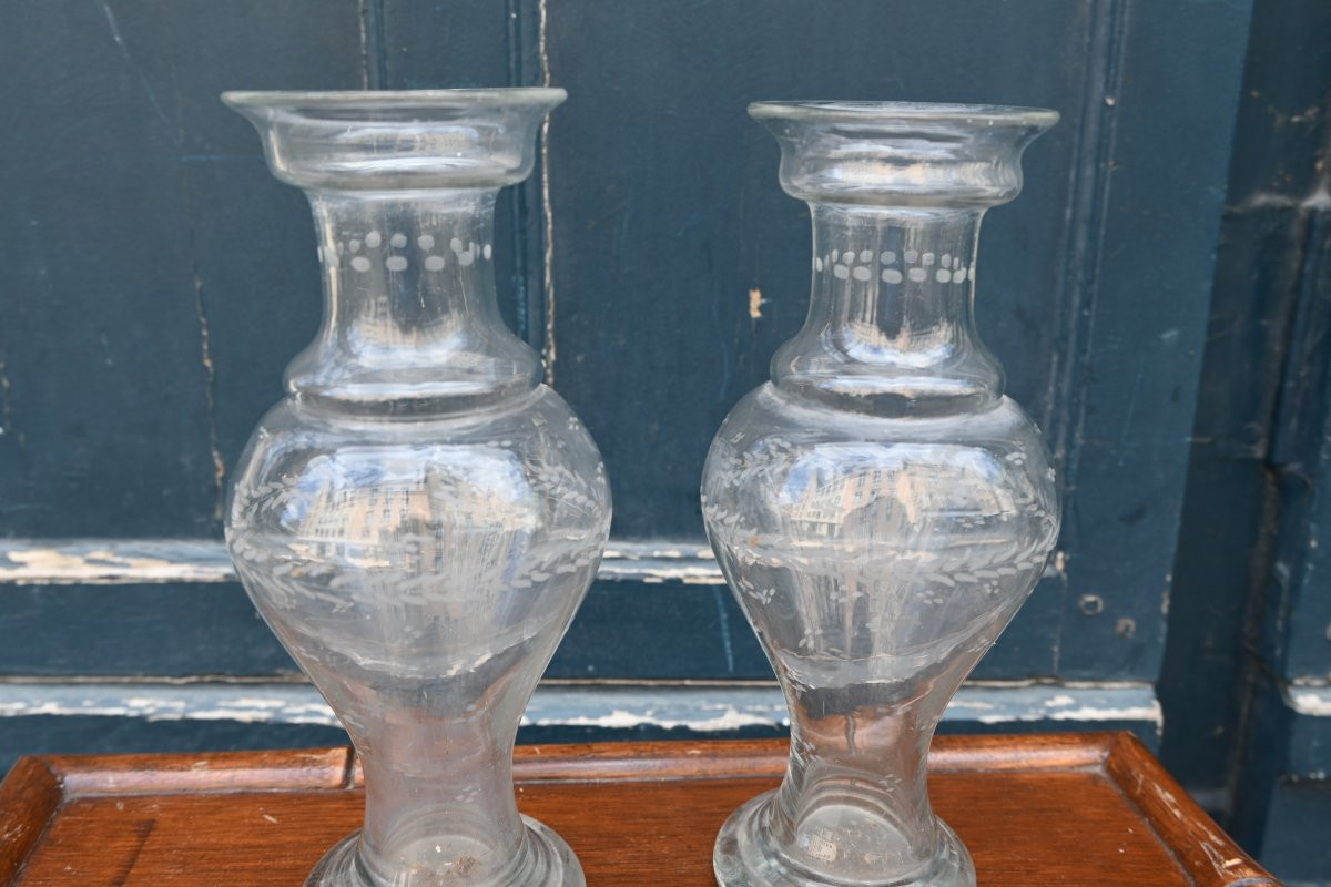 Paire de vases à jacinthes en verre gravé XIX-photo-1